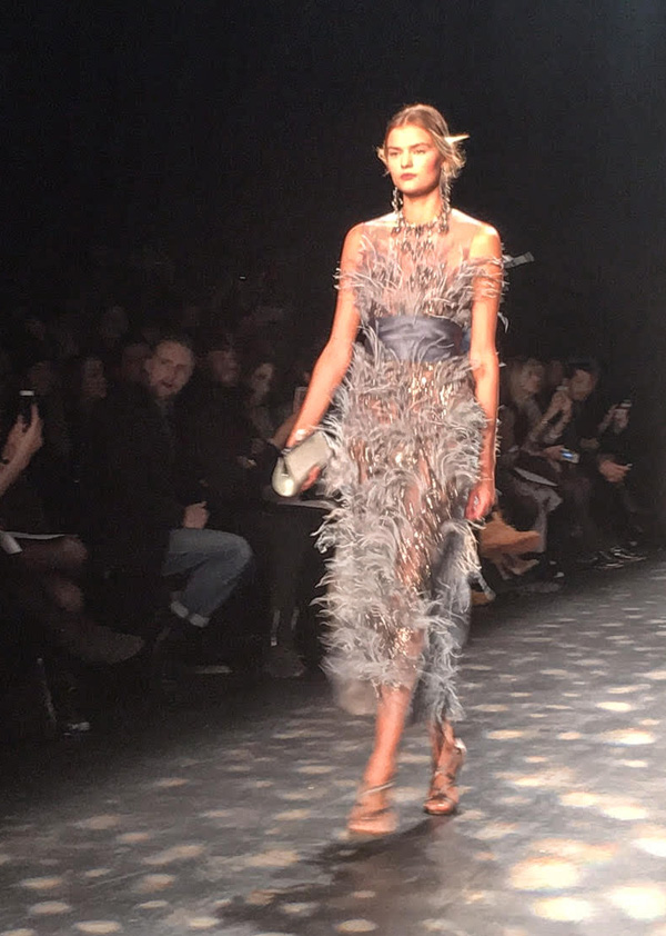 A favorite look—Dusty blue ostrich feather dress with gunmetal embroidery.