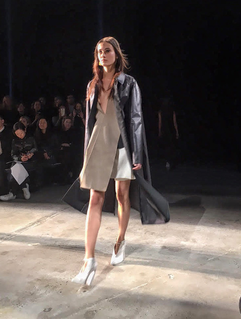 Favorite look—onyx coat with suede harness top and chalk wool crepe panel skirt